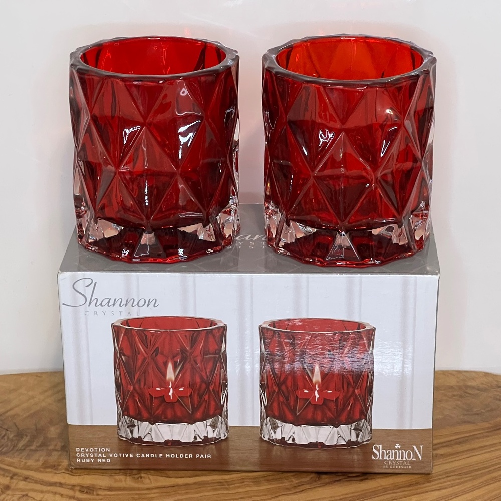 Pair Of Red Shannon Crystal Candle Holders For Tealight by Godinger